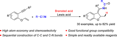 Graphical abstract: Lewis/Brønsted acid-mediated cyclization/amidation of 1,6-enynes with nitriles: access to 3-enamide substituted dihydrobenzofurans