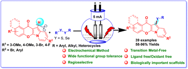 Graphical abstract: Electrochemical site-selective direct C–H sulfenylation and selenylation of a chromone-fused-indolizine (CFI) skeleton