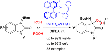 Graphical abstract: Zn(ii)-catalysed enantioselective addition of alcohols and tert-butyl hydroperoxide to isatin-derived N-Boc ketimines