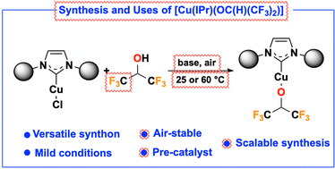 Graphical abstract: An air-stable [Cu(NHC)(OR)] (R = C(H)(CF3)2) complex for C–H, N–H and S–H bond activation