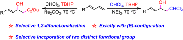 Graphical abstract: Base-tuned selective 1,2-dichloromethylhydroxylation and 1,2-peroxyhydroxylation of 1,3-dienes via a tandem radical process