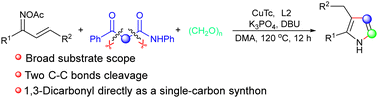 Graphical abstract: Copper-catalyzed three-component annulation toward pyrroles via the cleavage of two C–C bonds in 1,3-dicarbonyls