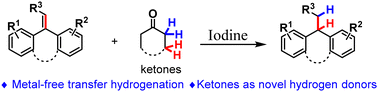 Graphical abstract: Iodine-promoted transfer of dihydrogen from ketones to alkenes, triphenylmethyl, and diphenylmethyl derivatives