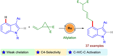 Graphical abstract: A redox-neutral weak carbonyl chelation assisted C4–H allylation of indoles with vinylcyclopropanes
