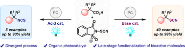 Graphical abstract: Divergent process for the catalytic decarboxylative thiocyanation and isothiocyanation of carboxylic acids promoted by visible light