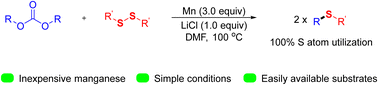 Graphical abstract: Manganese-promoted reductive cross-coupling of disulfides with dialkyl carbonates