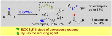 Graphical abstract: Potassium xanthate-promoted reductive sulfuration reaction: from aldehydes to thiol, disulfide, and thioester derivatives