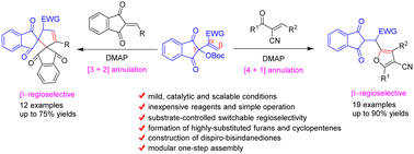 Graphical abstract: Substrate-controlled [4+1] and [3+2] annulations of ninhydrin-derived Morita–Baylis–Hillman carbonates to access polysubstituted furans and cyclopentenes