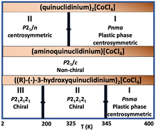 Graphical abstract: Structural and physico-chemical characterization of hybrid materials based on globular quinuclidinium cation derivatives and tetrachloridocobaltate(ii) anions