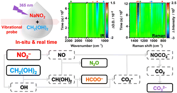 Graphical abstract: In situ and real-time vibrational spectroscopic characterizations of the photodegradation of nitrite in the presence of methanediol