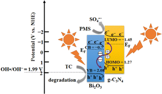 Graphical abstract: A 1D/2D Bi2O3/g-C3N4 step-scheme photocatalyst to activate peroxymonosulfate for the removal of tetracycline hydrochloride: insight into the mechanism, reactive sites, degradation pathway and ecotoxicity