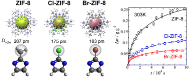 Graphical abstract: Substitution (CH3, Cl, or Br) effects of the imidazolate linker on benzene adsorption kinetics for the zeolitic imidazolate framework (ZIF)-8