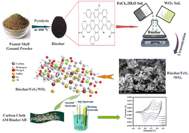 Graphical abstract: FeS2 and WO3 nanoparticles decorated on biochar as a high throughput electrode for supercapacitors