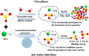 Graphical abstract: Significant influence of water molecules on the SO3 + HCl reaction in the gas phase and at the air–water interface