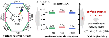Graphical abstract: Water effect on the band edges of anatase TiO2 surfaces: A theoretical study on charge migration across surface heterojunctions and facet-dependent photoactivity