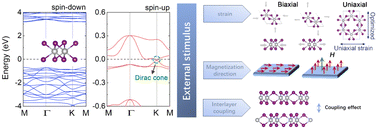 Graphical abstract: Tunable electronic band structure and magnetic anisotropy in two-dimensional Dirac half-metal MnBr3 by external stimulus: strain, magnetization direction, and interlayer coupling