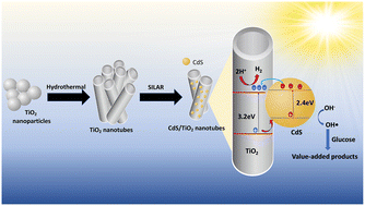 Graphical abstract: CdS/TiO2 nanostructures synthesized via the SILAR method for enhanced photocatalytic glucose conversion and simultaneous hydrogen production under UV and simulated solar irradiation