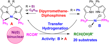 Graphical abstract: Dipyrromethane–diphosphine: the effect of meso substituents on the formation of nickel complexes and on their performance in the transfer hydrogenation of ketones
