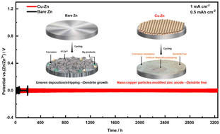 Graphical abstract: A nano-copper particle-modified zinc anode as a protective coating enables dendrite-free aqueous zinc-ion batteries