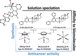 Graphical abstract: Organometallic Ru(ii), Rh(iii) and Re(i) complexes of sterane-based bidentate ligands: synthesis, solution speciation, interaction with biomolecules and anticancer activity