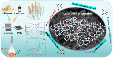 Graphical abstract: Coupling behavior and enhancement mechanism of porous structure, graphite microcrystals, and oxygen-containing groups of activated biochar for the adsorption of phenol