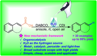 Graphical abstract: A water-promoted catalytic hydrodecarboxylation of conjugated carboxylic acids under open air conditions at room temperature