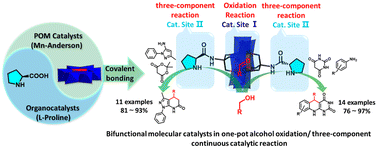 Graphical abstract: A bifunctional molecular catalyst built up of l-proline grafted polyoxometalate for one-pot three-component green synthesis of heterocycles