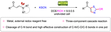 Graphical abstract: An electrochemical-enabled cascaded cyclization of enaminones with potassium thiocyanate and alcohols to access 2-alkoxythiazoles