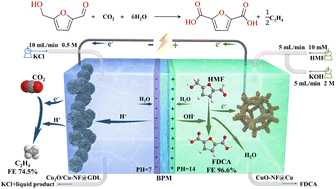 Graphical abstract: High efficiency coupled electrocatalytic CO2 reduction to C2H4 with 5-hydroxymethylfurfural oxidation over Cu-based nanoflower electrocatalysts