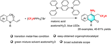 Graphical abstract: Transition metal-free photocatalytic radical annulation of 2-cyanoaryl acrylamides with difluoromethyl radicals to assemble 4-amino-quinolinone derivatives