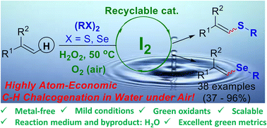 Graphical abstract: Recyclable iodine-catalyzed oxidative C–H chalcogenation of 1,1-diarylethenes in water: green synthesis of trisubstituted vinyl sulfides and selenides