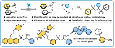 Graphical abstract: Light-induced aryldifluoromethyl-sulfonylation/thioetherification of alkenes using arenethiolates as a photoreductant and sulfur source