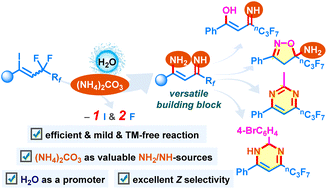 Graphical abstract: Water-promoted defluorinative synthesis of fluoroalkylated 1,5-diazapentadienes by using (NH4)2CO3 as an NH2 and NH source