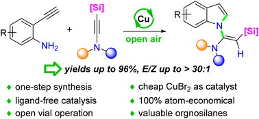 Graphical abstract: Unexpected stereoselective CuBr2-catalyzed cascade reaction of 2-ethynylanilines with silylynamides: facile and atom-economical access to N-vinylsilylindoles