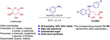 Graphical abstract: Synthesis of 3-arylamino-2-polyhydroxyalkyl-substituted indoles from unprotected saccharides and anilines