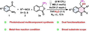 Graphical abstract: A photoinduced multicomponent intramolecular cyclization/hydroxytrifluoromethylation cascade: facile access to polyfunctionalized 3,4-dihydroquinazolinones