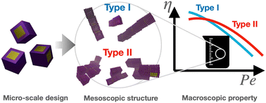 Graphical abstract: Shear-induced structural and viscosity changes of amphiphilic patchy nanocubes in suspension
