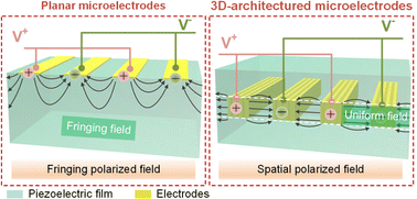 Graphical abstract: Electrowetting-assisted printing of 3D-architectured microelectrodes inside flexible piezoelectric films for sensitive, robust responses to bending deformation