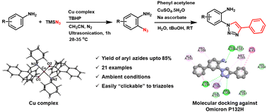 Graphical abstract: C–H functionalization of aromatic amines for azidation catalyzed by Betti base coordinated copper(ii) complexes under ultrasonication