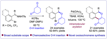 Graphical abstract: Novel oxoisochromene synthesis via chemoselective O–H insertion of 1,3-dicarbonyl compounds and subsequent Pd-catalyzed intramolecular arylation reaction