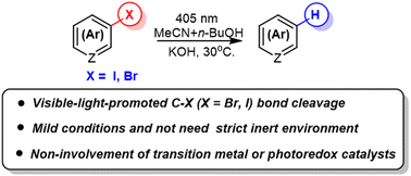 Graphical abstract: Visible-light-induced, base-promoted transition-metal-free hydrogenation of aryl halides with n-butanol