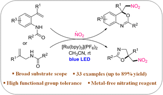 Graphical abstract: Visible-light-promoted tandem radical difunctionalization of olefinic amides: a direct access to NO2-containing benzoxazines and oxazolines