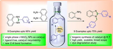 Graphical abstract: Facile access to 1,2-disubstituted benzimidazoles and 2,3-dihydro-1H-perimidines using a biogenically synthesized single phase δ-MnO2 NP catalyst and its dye removal study