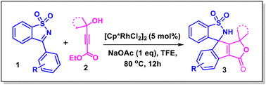 Graphical abstract: Rh(iii)-catalyzed sequential spiroannulation/lactonization of 3-aryl N-sulfonyl ketimines with 4-hydroxy-2-alkynoates by C–H bond activation