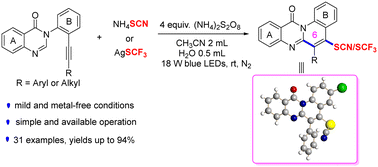 Graphical abstract: Photo-promoted cascade cyclization of aryl alkynes: access to thiocyanate/trifluoromethylthio-containing quinolino[2,1-b]quinazolinones