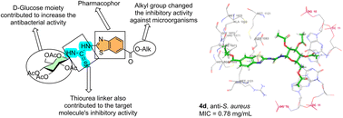 Graphical abstract: Synthesis, antimicrobial activity and molecular simulation of thiourea derivatives containing 6-carboalkoxybenzo[d]thiazole and d-glucose moieties