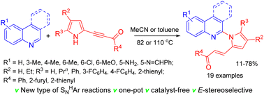 Graphical abstract: Catalyst-free nucleophilic substitution of hydrogen in quinoline rings by acylethynylpyrroles: stereoselective synthesis of 2-(E-2-acylethenylpyrrolyl)quinolines