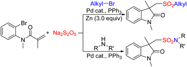 Graphical abstract: Palladium-catalyzed domino cyclization/direct functionalization involving the insertion of SO2