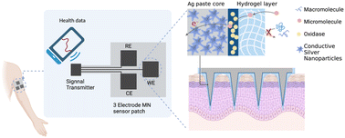 Graphical abstract: A nanometallic conductive composite-hydrogel core–shell microneedle skin patch for real-time monitoring of interstitial glucose levels