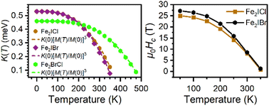 Graphical abstract: Temperature-dependent magnetic properties of the room-temperature ferromagnetic Janus monolayer Fe2XY (X, Y = I, Br, Cl; X ≠ Y)